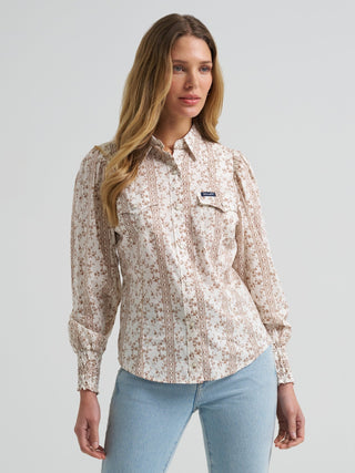 Wrangler Women’s Smocked Sleeve Western Snap Blouse - White Floral - Cowboy SwaggerWrangler Women’s Smocked Sleeve Western Snap Blouse - White FloralShirts & Tops