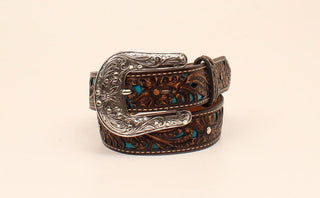Ariat Belts 20” Ariat Girls Brown with Blue Accent Floral Belt