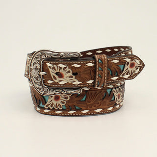 Ariat Ladies Brown & White Floral Overlay Belt - Cowboy SwaggerAriat Ladies Brown & White Floral Overlay BeltBelts