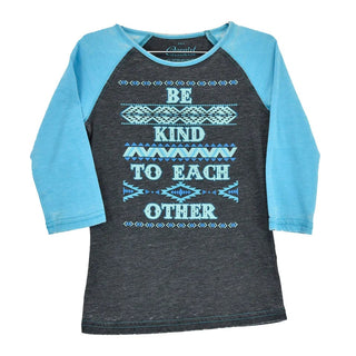 Be Kind To Each Other” Tee – Grey & Turquoise 3/4 Sleeve Graphic Shirt 455239 - 390 - Cowboy SwaggerBe Kind To Each Other” Tee – Grey & Turquoise 3/4 Sleeve Graphic Shirt 455239 - 390