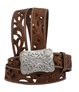 Cowboy Swagger Belts 3D Ladies Brown Floral Filigree Distressed Leather Belt
