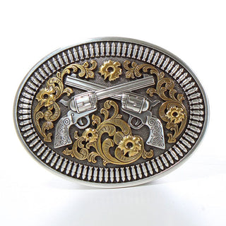 Cowboy Swagger Nocona Two Revolvers Gold Floral Buckle