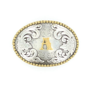 Gold “A” Silver Floral Etching Initial Belt Buckle - Cowboy SwaggerGold “A” Silver Floral Etching Initial Belt Buckle