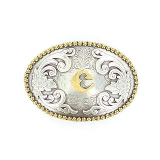 Gold “C” Silver Floral Etching Oval Buckle - Cowboy SwaggerGold “C” Silver Floral Etching Oval Buckle
