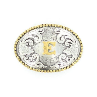 Gold “E” Silver Floral Etching Oval Buckle - Cowboy SwaggerGold “E” Silver Floral Etching Oval Buckle