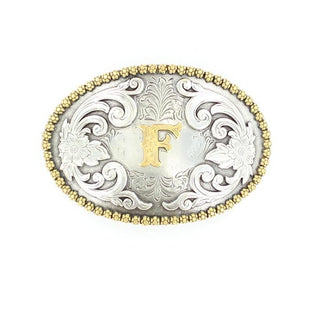 Gold “F” Initial Buckle – Silver Floral Oval by Nocona - Cowboy SwaggerGold “F” Initial Buckle – Silver Floral Oval by Nocona