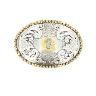 Gold “G” Silver Floral Etching Oval Buckle - Cowboy SwaggerGold “G” Silver Floral Etching Oval Buckle