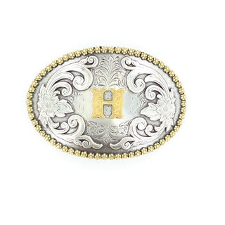 Gold “H” Silver Floral Etching Oval Buckle - Cowboy SwaggerGold “H” Silver Floral Etching Oval Buckle
