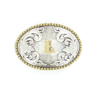 Gold “L” Silver Floral Etching Oval Buckle - Cowboy SwaggerGold “L” Silver Floral Etching Oval Buckle