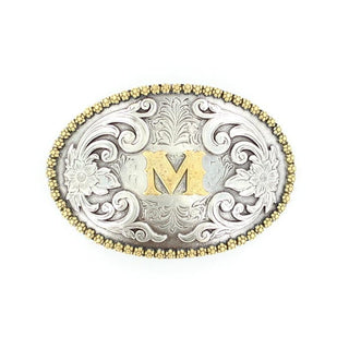 Gold “M” Silver Floral Etching Oval Buckle - Cowboy SwaggerGold “M” Silver Floral Etching Oval Buckle