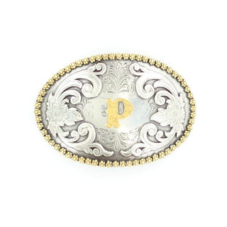 Gold “P” Initial Buckle – Silver Floral Oval by Nocona - Cowboy SwaggerGold “P” Initial Buckle – Silver Floral Oval by Nocona