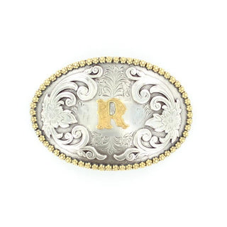 Gold “R” Initial Buckle – Silver Floral Oval by Nocona - Cowboy SwaggerGold “R” Initial Buckle – Silver Floral Oval by Nocona