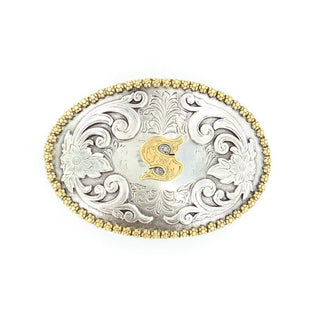 Gold “S” Silver Floral Etching Oval Buckle - Cowboy SwaggerGold “S” Silver Floral Etching Oval Buckle