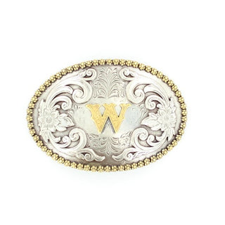Gold “W” Silver Floral Etching Oval Buckle - Cowboy SwaggerGold “W” Silver Floral Etching Oval Buckle