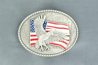 Nocona Flying Eagle & American Flag Belt Buckle – Silver with Red, White & Blue Detail (Style 37936) - Cowboy SwaggerNocona Flying Eagle & American Flag Belt Buckle – Silver with Red, White & Blue Detail (Style 37936)