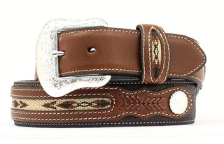 Nocona Men’s Leather Inlaid Weaving Silver Buckle Belt - Cowboy SwaggerNocona Men’s Leather Inlaid Weaving Silver Buckle BeltBelts
