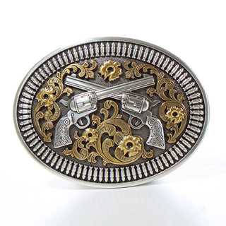 Nocona Men’s Oval Western Belt Buckle – Revolver & Gold Floral Design - Cowboy SwaggerNocona Men’s Oval Western Belt Buckle – Revolver & Gold Floral Design