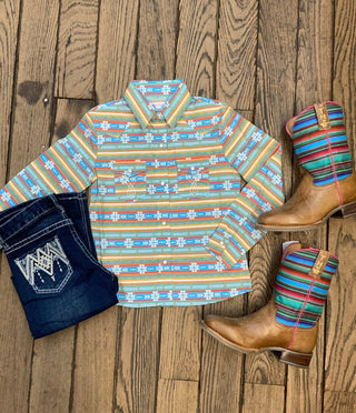 Panhandle Girls Light Turquoise Print Western Shirt - Cowboy SwaggerPanhandle Girls Light Turquoise Print Western ShirtShirts & Tops