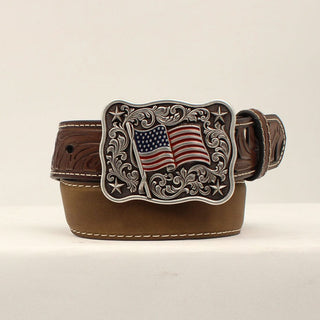 Tan Embossed Belt with American Flag Buckle - Cowboy SwaggerTan Embossed Belt with American Flag Buckle